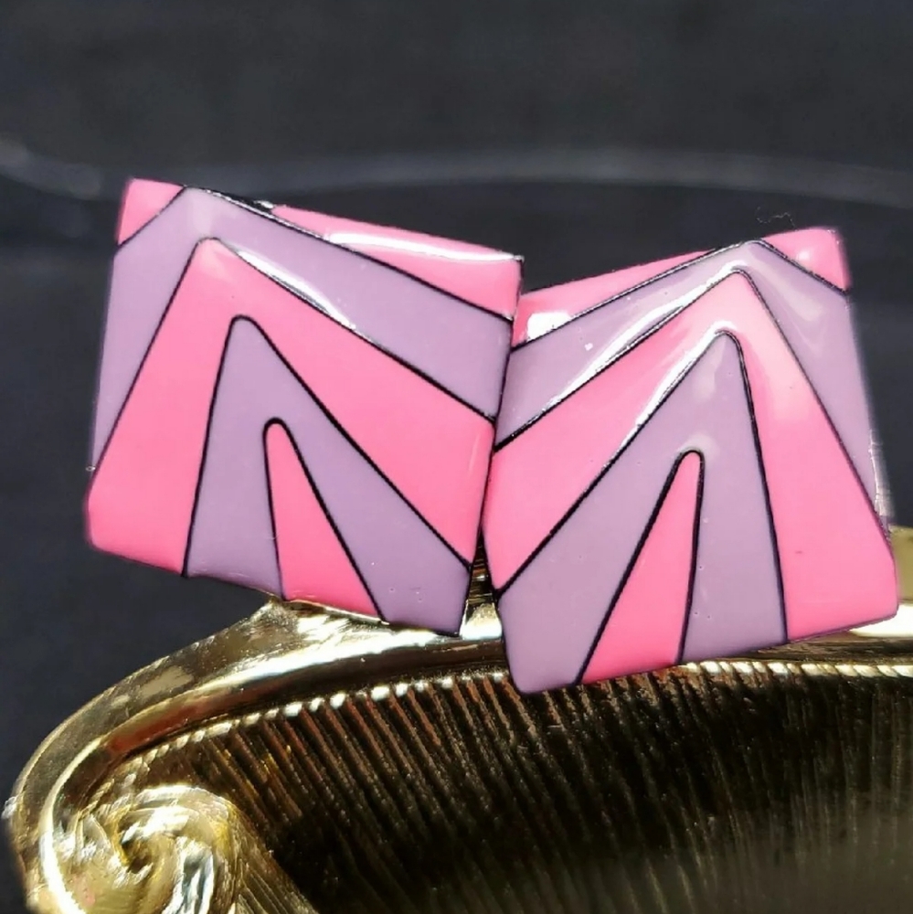 Vintage 80's  90's Enamel Geometric Chunky Post Earrings